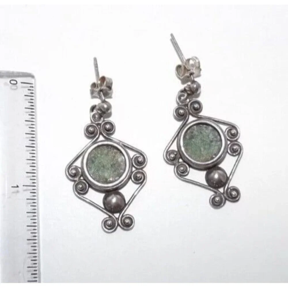 Ancient Roman Glass Vintage Sterling Silver Scroll Dangle Earrings